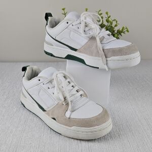 White and Tan Sneakers with‎ Green Accents